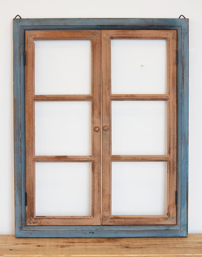 Petit monde ウィンドウフレームL ダブルドア ディスプレイ 壁掛け 小窓 木製 青