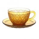 GLASS CUP & SAUCER ''FIORE'' AMBER ガラス カップ 直径16