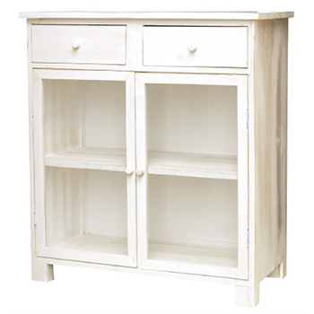 ウッドキャビネットA ガラス扉 棚 引き出し 収納 アンティーク ホワイト インテリア シャビー