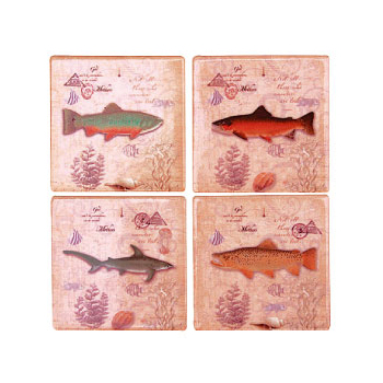 タイルコースター フィッシュ01 魚 アンティーク シャビー北欧 おしゃれディスプレイ4枚セット
