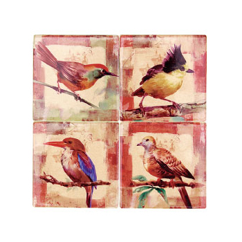 タイルコースター バード03鳥 アンティーク シャビー北欧ナチュラル おしゃれディスプレイ4枚セット