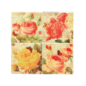 タイルコースターフラワー03 アンティーク 花 ローズ クラシカル おしゃれディスプレイ 4枚セット