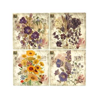タイルコースターフラワー04 アンティーク 花 ナチュラル おしゃれディスプレイ 4枚セット