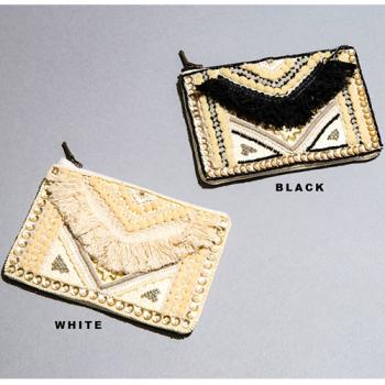 刺繍フラットポーチ S ホワイト 雑貨 小物入れ 化粧品 コスメ 幅15 通販