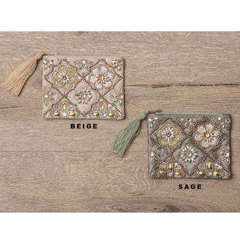 刺繍ビーズポーチ セージ 雑貨 小物入れ 化粧品 コスメ カード 幅13 通販