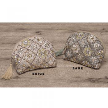 刺繍ビーズ半円ポーチ ベージュ 雑貨 小物入れ 化粧品 コスメ 幅20 通販