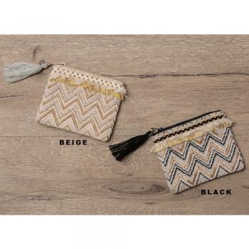 刺繍ビーズジャカードフラットポーチ S ブラック 雑貨 小物 コスメ 通販