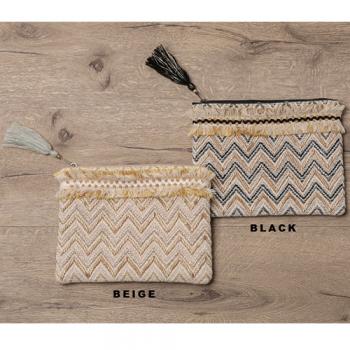 刺繍ビーズジャカードフラットポーチ L ベージュ 雑貨 小物 コスメ 通販