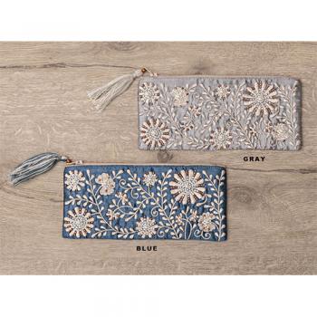 フラワー刺繍ビーズ横長ポーチ グレー 雑貨 小物 コスメ 花 幅20 通販
