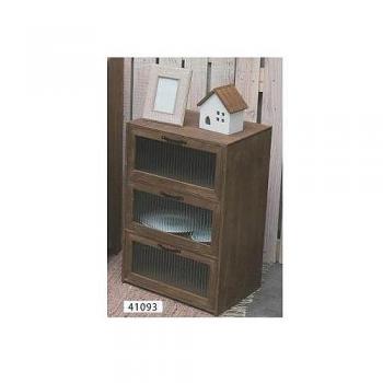 3段キャビネット ガラス扉 収納 レトロ 天然木 木製 北欧 ブラウン 茶 シンプル コンパクト