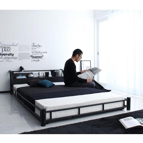 棚・コンセント付きスチールフロアベッド【Legacy】レガシー【国産ポケットコイルマットレス付き】