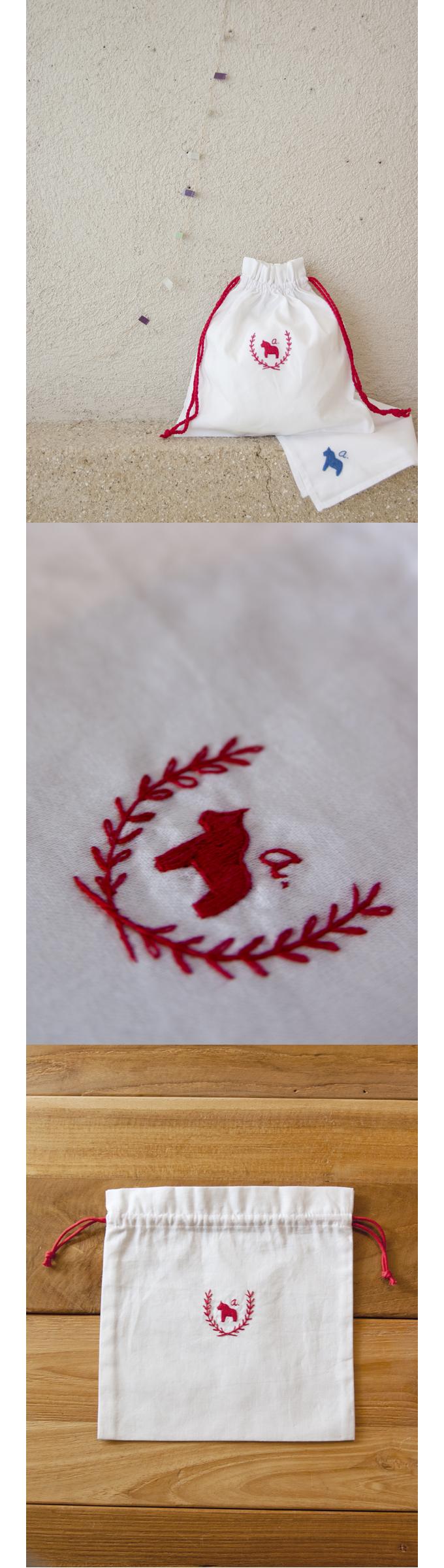 “刺繍巾着ダーラナ赤”