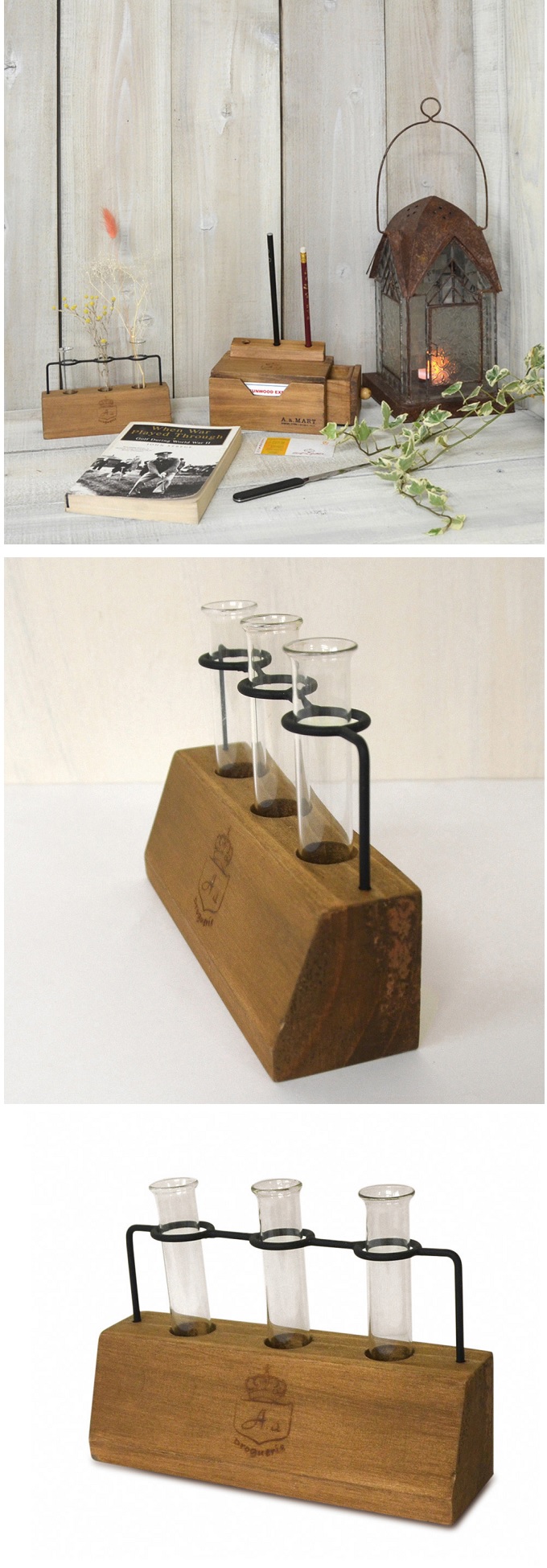 フラワーグラススタンド 木製 ガラス 試験管 一輪挿し おしゃれ フラワーベース 花瓶