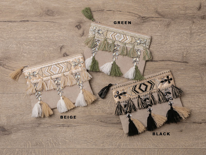 “ビーズ刺繍タッセルポーチ”