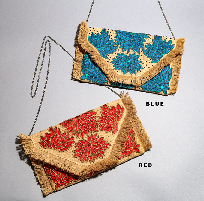 フラワービーズ刺繍クラッチバッグ ブルー サブバッグ 花 小物 幅28 通販