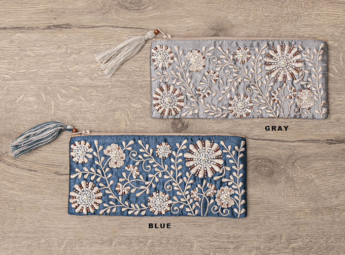 “フラワー刺繍ビーズ横長ポーチ”