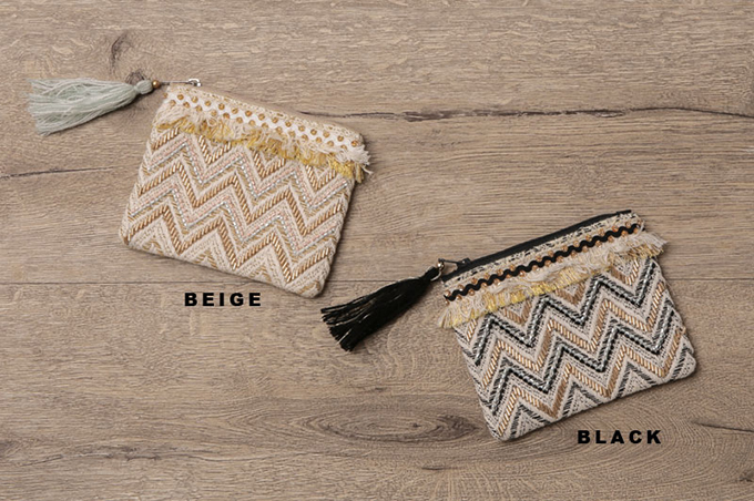 “刺繍ビーズジャカードフラットポーチ”